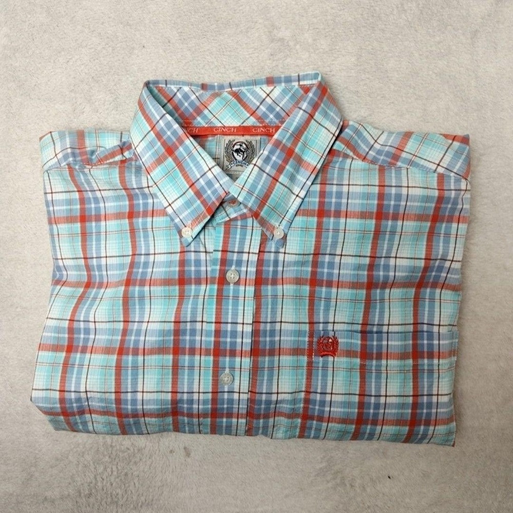 Cinch Shirt Mens S Blue Plaid Button-Up Cotton Long Sleeve Embroidered Western